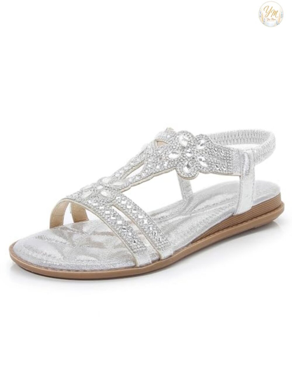 Womens Rhinestone Strappy Flat Sandals Elastic Ankle Strap Open Toe Bohemian